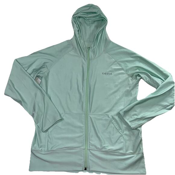 TESLA Jacket Women Size XL Green Running Hooded Thumb Holes Full Zip Lightweight - Picture 1 of 16